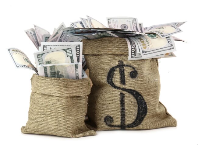 Money in bags isolated on white